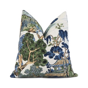 Thibaut Asian Scenic Blue and Green Decorative Throw Pillow with Gold Zipper, Chinoiserie Pagoda Euro Sham Cushion Case for New Home