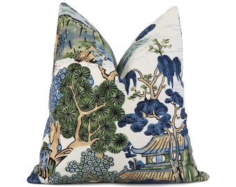 Thibaut Asian Scenic Blue and Green Decorative Throw Pillow with Gold Zipper, Chinoiserie Pagoda Euro Sham Cushion Case for New Home