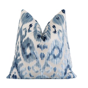 Scalamandre Tashkent Pacific Velvet Throw Pillow Cover, Blue Tan Ikat Accent Toss, Jacquard Velvet, Designer Cushion Sham with Gold Zipper