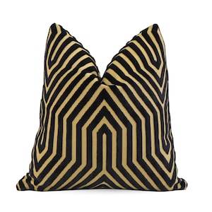 Schumacher Vanderbilt Tortoise Pillow cover, Square or Lumbar Zippered Pillowcase, Black Geometric Maze Cushion Sham, Black and Gold Velvet