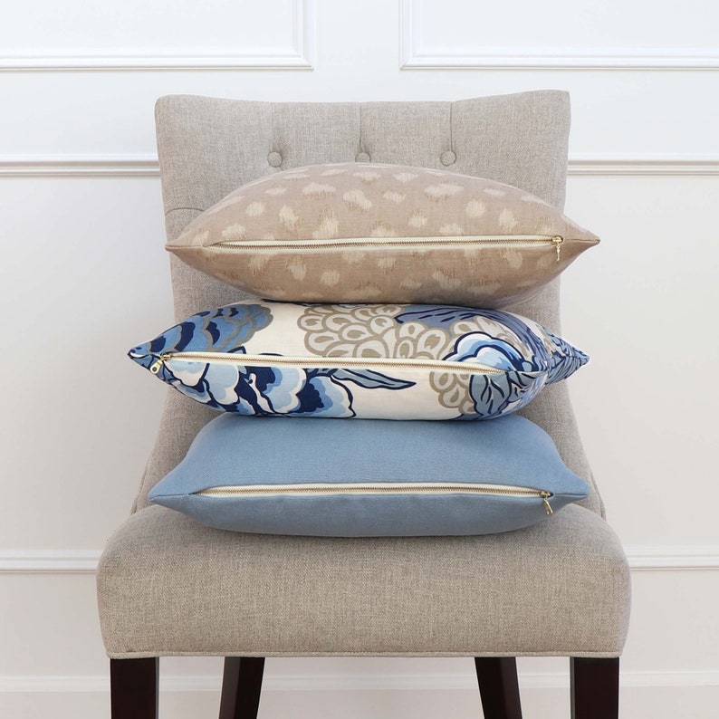 Large Floral Print Lumbar Rectangle Botanic Tan Bedding Botanic Decor Flowery Couch Pillow Thibaut Honshu Blue and Beige Cushion Sham
