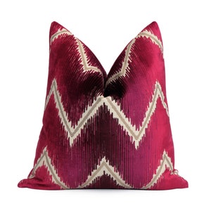 Schumacher Shock Wave Ruby Velvet Cushion Cover with Zipper Geometric Red Ombre Pillow Cover, Silk Velvet Chevron Designer Accent Decor