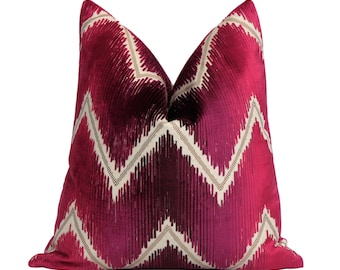 Schumacher Shock Wave Ruby Velvet Cushion Cover with Zipper Geometric Red Ombre Pillow Cover, Silk Velvet Chevron Designer Accent Decor