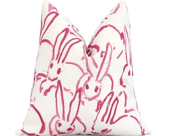 Lee Jofa Hutch Pink Bunny Throw Pillow Cover with Zipper, Pink and Off-White Rabbit Designer Luxury Cushion Accent Case, Linen Groundworks