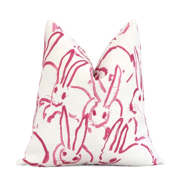 Lee Jofa Hutch Pink Bunny Throw Pillow Cover with Zipper, Pink and Off-White Rabbit Designer Luxury Cushion Accent Case, Linen Groundworks