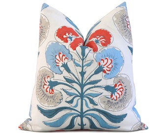 Thibaut Tybee Tree French Blue and Coral Linen Throw Pillow Cover with Gold Zipper, Handmade Pillows, Euro Sham Cushion Case for New Home