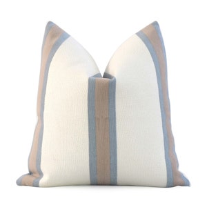 Thibaut Abito Stripe Powder Blue and Tan Stripe Throw Pillow Cover with Gold Zipper for Couch, Textured Cushion Sham, Modern Stripe Decor