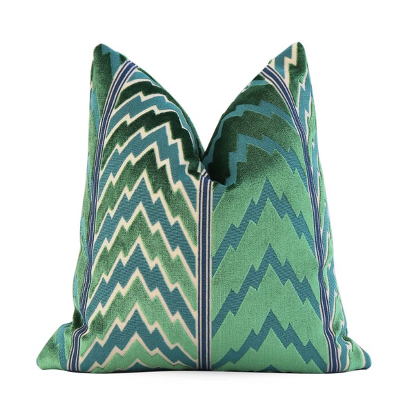 Schumacher Florentine Emerald Green, Teal, Blue and Tan Raised Cut Velvet Designer Zippered Pillow Cover 18x18, 20x20, 22x22, 24x24, 24x24,