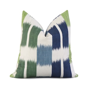 Thibaut Kasuri Blue and Green Striped Designer Throw Pillow Cover with Gold Zipper for Sofas, Contemporary Linen Euro Sham Cushion Case