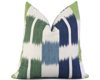 Thibaut Kasuri Blue and Green Striped Designer Throw Pillow Cover with Gold Zipper for Sofas, Contemporary Linen Euro Sham Cushion Case