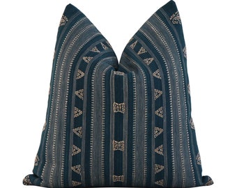 Schumacher Nima Embroidered Indigo Teal Throw Pillow Cover with Zipper for Home Decor, Geometric Boho Cushion Square Rectangle Sham Cases