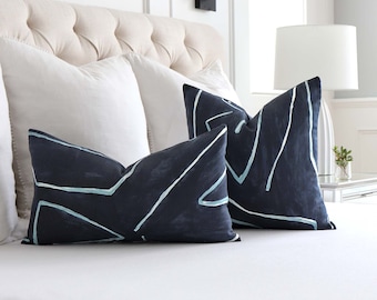 Navy Blue Kelly Wearstler Graffito Pillow Cover, Navy Blue lumbar slipcase, Custom Pillow, Blue Body Rectangle Cushion, Designer Decor, Mod