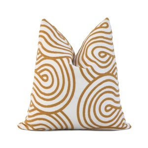 Schumacher Embroidered Giraldi Gold Designer Throw Pillow Cover with Zipper in Swirl Wave Texture, Yellow and White for Living Room Decor