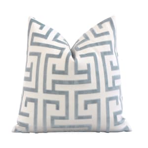 Thibaut Ming Trail Light Blue and White Cushion Cover with Zipper, Velvet Greek Key Maze Pillow Cover, Chinoiserie Designer Pillow Cover