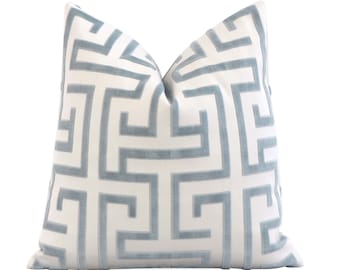 Thibaut Ming Trail Light Blue and White Cushion Cover with Zipper, Velvet Greek Key Maze Pillow Cover, Chinoiserie Designer Pillow Cover