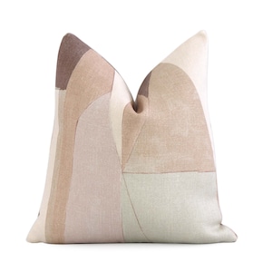 Brown Cream Pink Color Block Decorative Designer Pillow Cover with Zipper, Linen Cushion, Kelly Wearstler Groundworks District Silt Designer