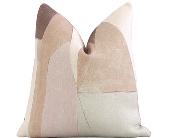 Brown Cream Pink Color Block Decorative Designer Pillow Cover with Zipper, Linen Cushion, Kelly Wearstler Groundworks District Silt Designer