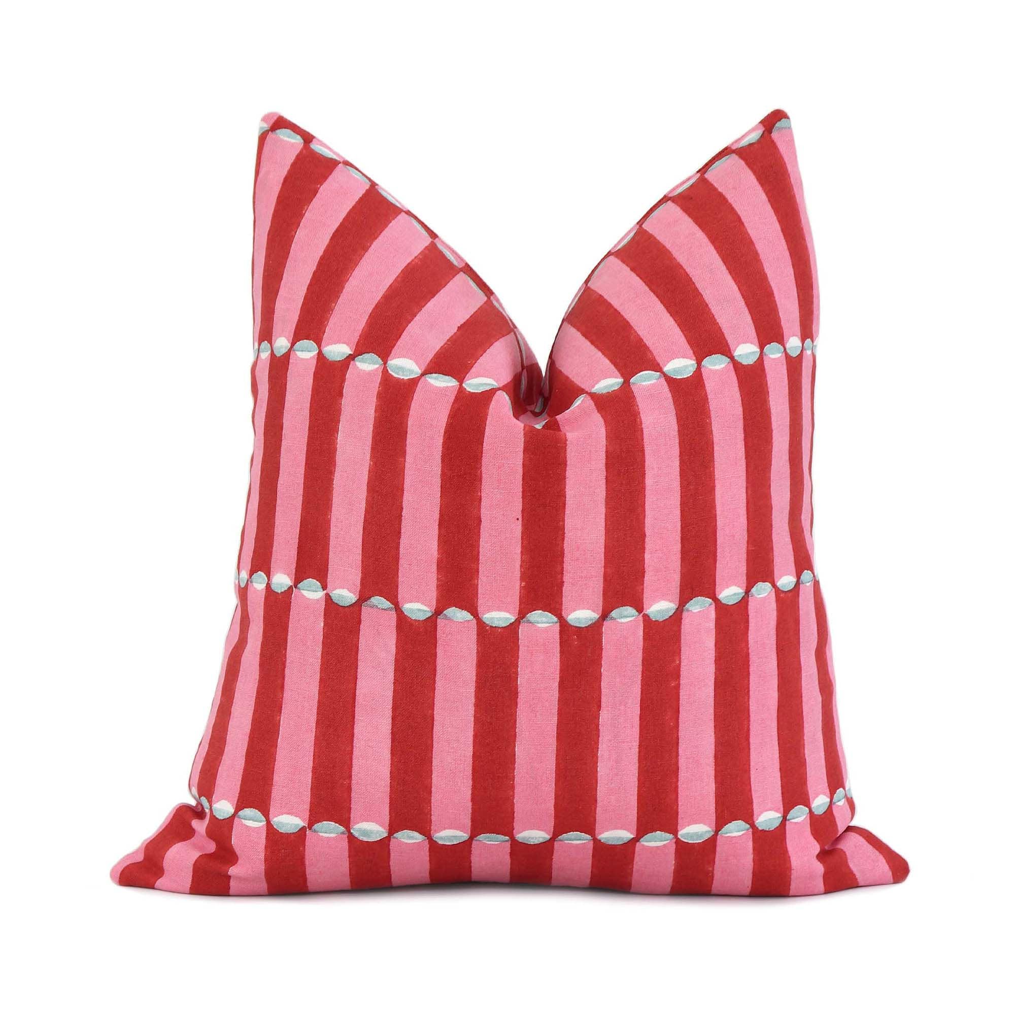 Schumacher Luna Pink and Red Block Print Throw Pillow Cover with Gold Zipper for Couch, Molly Mahon Wood Block By Hand, Euro Sham Cases