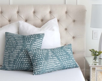 SAMPLE SALE Thibaut Mali Robin's Egg and White Lumbar Throw Pillow Cover with Zipper, Blue Batik Designer Sham Cushion Case for Bedroom