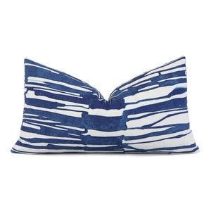 SAMPLE SALE Striped Dark Blue and White Designer Lumbar Throw Pillow Cover with Zipper, Bedroom Bedding Cushions, Thibaut Ischia Navy Home