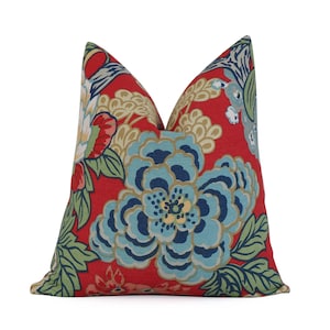 SALE Thibaut Honshu Coral and Green Throw Pillow Cover with Zipper, Large Floral Sham Cushion Case 17&quot; 12x18&quot; 14x20&quot;