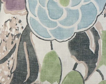 May include: Close-up of a floral pattern featuring large, stylized flowers in shades of blue, green, purple, and beige. The design is printed on a cream-colored fabric, creating a soft, watercolor effect. The leaves and petals have a textured appearance.