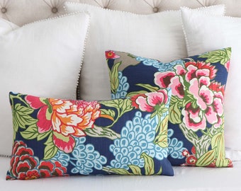 Colorful Navy and Pink Chinoiserie Pillow Cover, Peony Pillow, Designer High End Pillow, Large Print Bedding Floral Sham Thibaut Honshu Navy