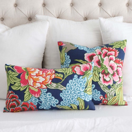 Colorful Navy and Pink Chinoiserie Pillow Cover Peony Pillow Etsy