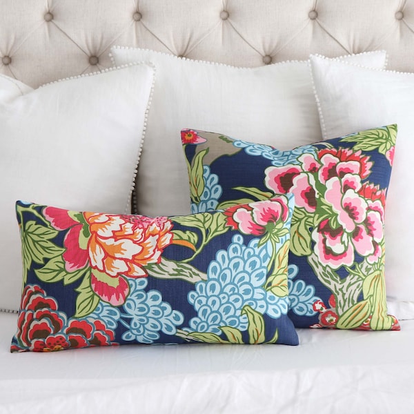 Colorful Navy and Pink Chinoiserie Pillow Cover, Peony Pillow, Designer High End Pillow, Large Print Bedding Floral Sham Thibaut Honshu Navy