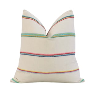 Schumacher Cambaya Multi Handwoven Stripe Cushion Cover with Zipper, Designer Cotton Colorful Embroidered Small Lumbar 8x20"