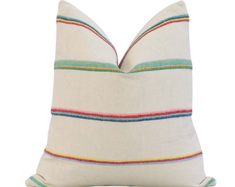 Schumacher Cambaya Multi Handwoven Stripe Cushion Cover with Zipper, Designer Lavish Cotton Accent Pillow, Colorful Embroidered Pillow Sham
