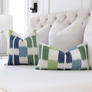 Ikat Blue and Green Handmade Decorative Lumbar Throw Pillow Cover for Bed, Thibaut Kasuri Accent Toss Cushion Case for Modern Home Decor