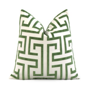 Thibaut Ming Trail Green and White Cushion Cover with Zipper, Velvet Greek Key Maze Pillow Cover, Chinoiserie Designer Accent Pillow Cover