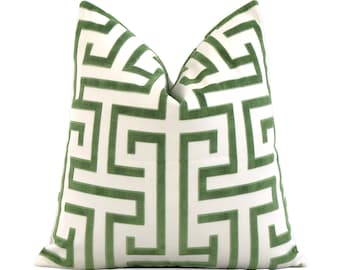 Thibaut Ming Trail Green and White Cushion Cover with Zipper, Velvet Greek Key Maze Pillow Cover, Chinoiserie Designer Accent Pillow Cover