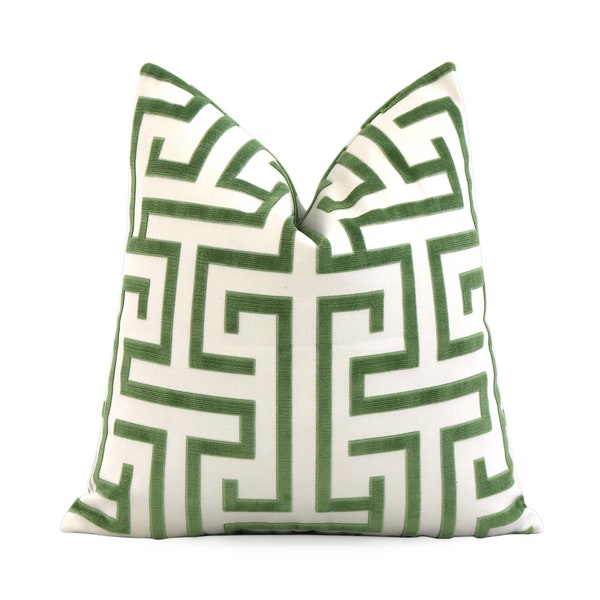 Thibaut Ming Trail Green and White Cushion Cover with Zipper, Velvet Greek Key Maze Pillow Cover, Chinoiserie Designer Accent Pillow Cover