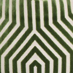 May include: Green and white striped fabric with a geometric pattern. The fabric has a textured, velvety feel.
