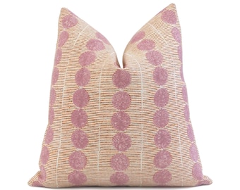 Schumacher Sun Rise Rose Copper Block Print Throw Pillow Cover with Gold Zipper for Couch, Molly Mahon Wood Block By Hand, Euro Sham Cases