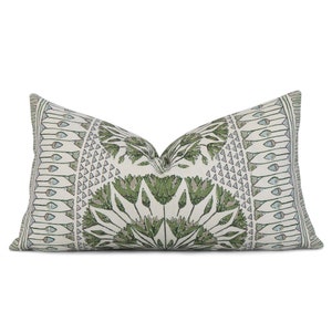 Designer Floral Print Throw Pillow Cover in Lime Green with Zipper, Thibaut Cairo Anna French Linen Lumbar Case, Best Home Decorating