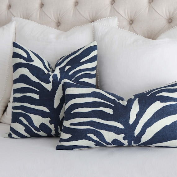 Designer Animal Print Navy Blue Lumbar Throw Pillow Cover Case, Luxury  Zebra Stripes for Bedroom Decor, Thibaut Serengeti, Accent Toss 