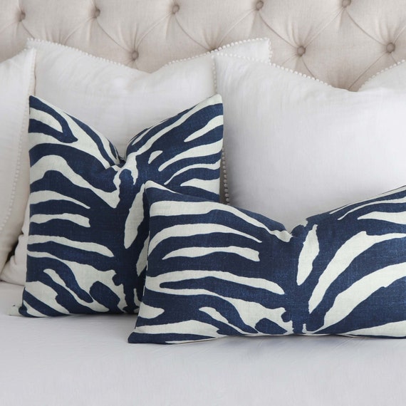 Designer Animal Print Navy Blue Lumbar Throw Pillow Cover Case, Luxury  Zebra Stripes for Bedroom Decor, Thibaut Serengeti, Accent Toss 