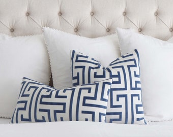 Dark Blue and White Ming Trail Velvet Designer Pillow Cover with Zipper, Fretwork Pillow, Trellis Chinoiserie, Navy Trellis Cushion