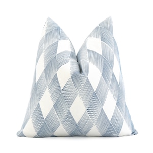 SALE Blue and White Geometric Cushion Cover with Zipper, Blue Basketweave Pillow, 18x18 Square, 10x20&quot; 12x20&quot; Lumbar, Schumacher Fetlock