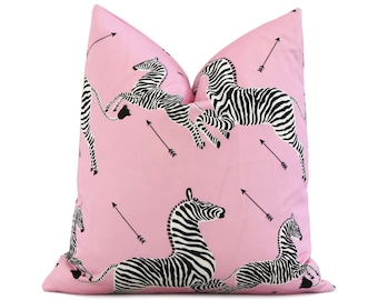 Scalamandre Zebras Petite Peony Pink Decorative Throw Pillow Cover with Gold Zipper, Animal Print Euro Sham Cushion Case for Living Decor