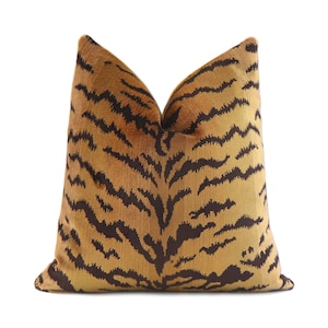 Scalamandre Silk Tigre Designer Animal Cushion Sham for Glam Home Decor, Velvet Tiger Print Throw Pillow Cover with Zipper in Gold & Black