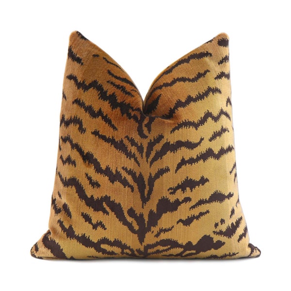 Scalamandre Silk Tigre Designer Animal Cushion Sham for Glam Home Decor, Velvet Tiger Print Throw Pillow Cover with Zipper in Gold & Black