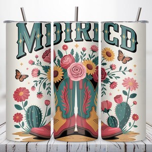 Western Cowgirl Boots Tumbler Wrap, 20 oz Skinny Tumbler Sublimation Design Wrap, Digital Download, Straight Design PNG, Cactus & Flowers