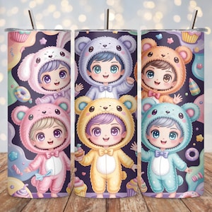 Trendy Pink Cartoon 20oz Tumbler Wrap PNG | Cute Cartoon Characters Skinny Tumbler Sublimation Design | Straight 20oz Wrap Digital Download
