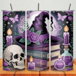 Witchy Spells Tumbler Wrap PNG Halloween 20oz Skinny Tumbler Sublimation Design Gothic Witch Books, Flowers & Skull Wrap | Digital Download