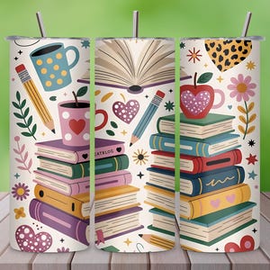 Cute Teacher Tumbler Wrap PNG – 20oz Skinny Sublimation Design, Books & School Supplies – Teacher Life Digital Download – Educator Gift