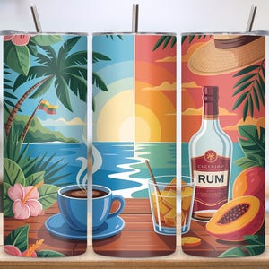Puerto Rico Tumbler Wrap PNG – 20oz Skinny Sublimation Design, Coffee & Rum Theme, Tropical Beach Digital Download